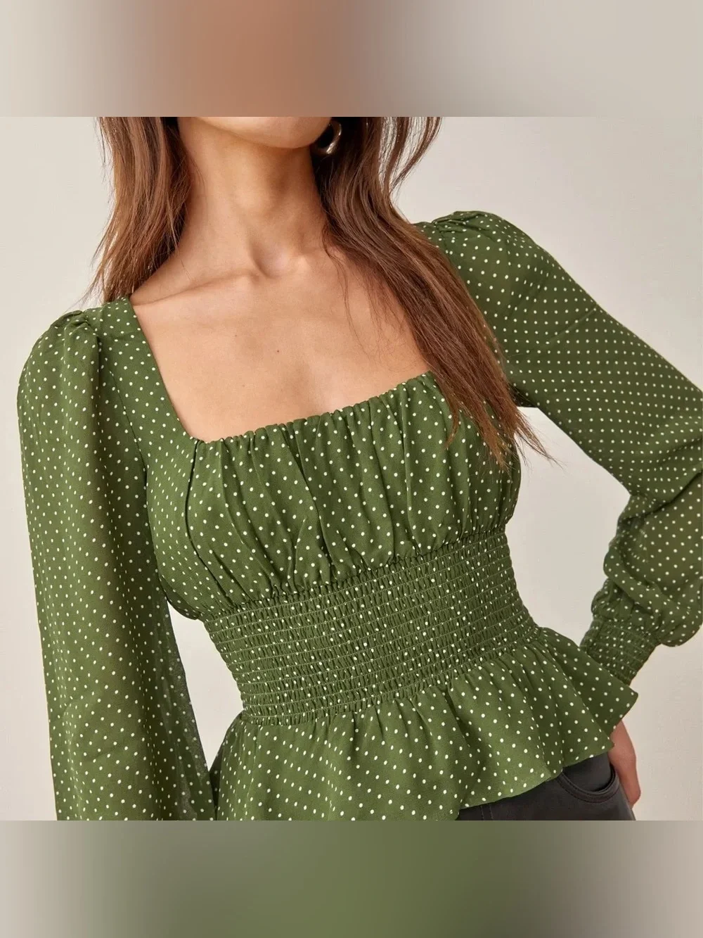 Reformation Hearth Green Polka Dot Smocked Blouse